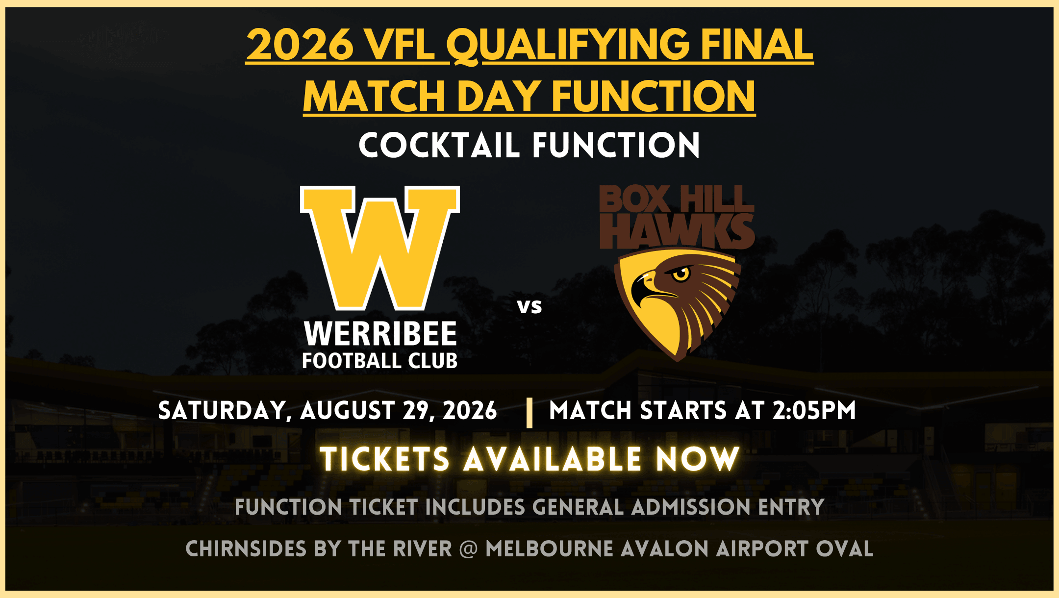 VFL 2026 Qualifying Final Match Day Function: Werribee vs. Box Hill Hawks VFL 2026 Qualifying Final Match Day Function: Werribee vs. Box Hill Hawks